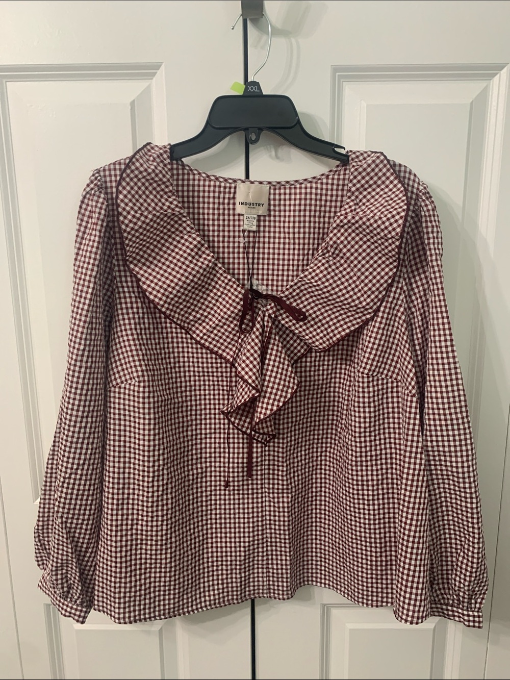 Industry Red Gingham Ruffle Tie-Neck Blouse